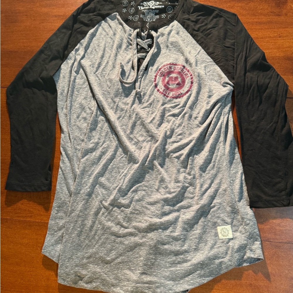 U of MN Three Square Gray and Black Long Sleeve Tee with Lace-Up V-Neck